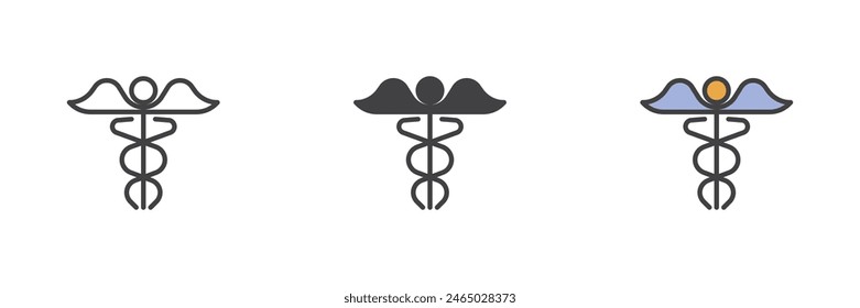Caduceus different style icon set. Line, glyph and filled outline colorful version, outline and filled vector sign. Pharmacy Caduceus symbol, logo illustration. Vector graphics