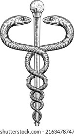 Un médico caduceus símbolo de serpientes médicas en un estilo retro grabado vintage