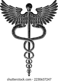 A caduceus doctor medical snakes symbol in a vintage engraved retro style