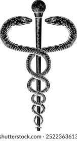A caduceus doctor medical snakes symbol in a vintage engraved retro style