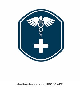 Caduceus doctor snake illustration vector logo design for medical and healthcare plus symbol and clinic icon.