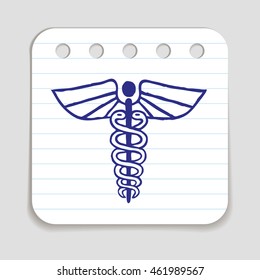 Caduceus emblem doodle icon. Blue pen hand drawn infographic symbol. Notepaper piece. Line art style graphic element. Web button with shadow. Herald wand with wings and two serpents.