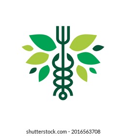 caduceus fork medical food restaurant leaf vegan vegetable vegetarian logo vector icon illustration