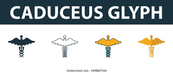 Caduceus Glyph icon set. Four elements in diferent styles from medicine icons collection. Creative caduceus glyph icons filled, outline, colored and flat symbols.