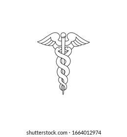 Caduceus Health Symbol Asclepius's Wand. Linear, Hand Draw Illustration. 