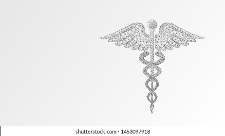 Caduceus health symbol. medical symbol, health care concept. Abstract, digital, wireframe, low poly mesh, vector white origami 3d illustration. Triangle line dot