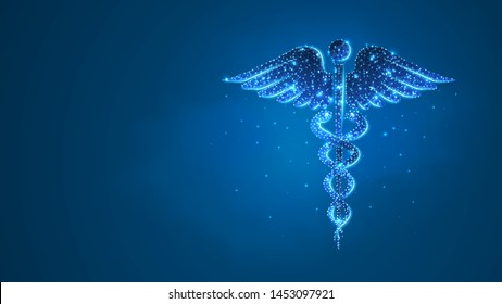 Caduceus health symbol. medical symbol, health care concept. Abstract, digital, wireframe, low poly mesh, vector blue neon 3d illustration. Triangle line dot