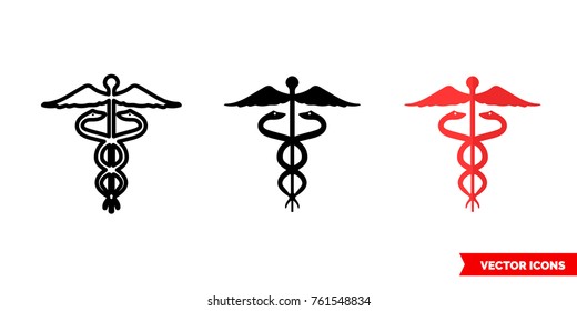 Caduceus icon of 3 types: color, black and white, outline. Isolated vector sign symbol.