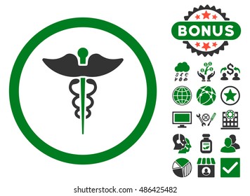 Caduceus icon with bonus pictogram. Vector illustration style is flat iconic bicolor symbols, green and gray colors, white background.