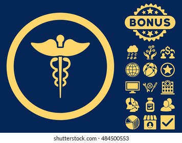 Caduceus icon with bonus symbols. Vector illustration style is flat iconic symbols, yellow color, blue background.