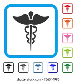 Caduceus icon. Flat grey pictogram symbol inside a light blue rounded frame. Black, gray, green, blue, red, orange color additional versions of Caduceus vector.
