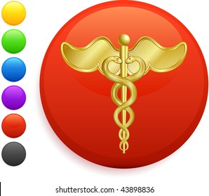 icono caduceus sobre botón de internet redondo ilustración vectorial original 6 versiones de color incluidas