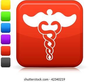 caduceus icon on square internet button  Six color options included.