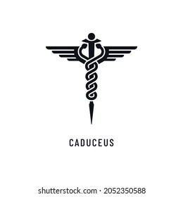 Caduceus icon with spiral snakes, wings and human shape. Medical vector logo design.