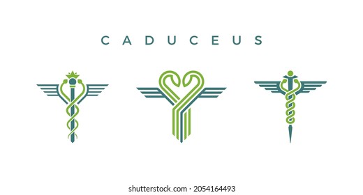 Caduceus isolated icons with snakes, crown and wings shape. Medical vector logo set.