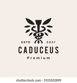caduceus leaf hipster vintage logo vector icon illustration