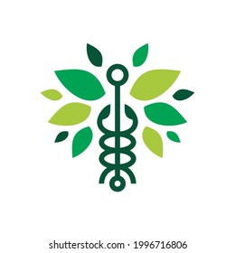 caduceus leaf snake logo vector icon illustration