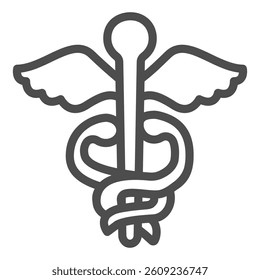 Caduceus line icon, pharmacy concept. Vector graphics. Pin with wings and snakes, medical sign on white background, outline style icon for mobile or web design