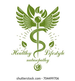 Caduceus logo composed with poisonous snakes and bird wings, healthcare conceptual vector illustration. Alternative medicine theme.
