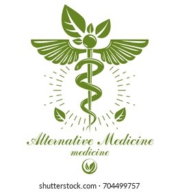 Caduceus logo composed with poisonous snakes and bird wings, healthcare conceptual vector illustration. Alternative medicine theme.
