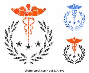 Caduceus logo composition of filled circles in various sizes and shades, based on caduceus logo icon. Vector filled circles are united into blue mosaic.