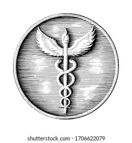 Caduceus Logo Hand Drawing In Coin Style Vintage Black And White Clipart Isolated On White Background