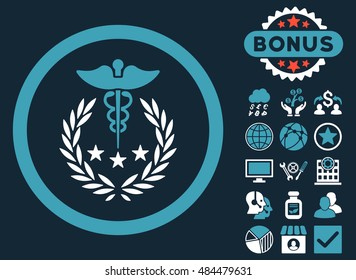 Caduceus Logo icon with bonus elements. Vector illustration style is flat iconic bicolor symbols, blue and white colors, dark blue background.