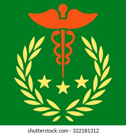Caduceus Logo vector icon. Style is bicolor flat symbol, orange and yellow colors, rounded angles, green background.