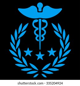 Caduceus Logo vector icon. Style is flat symbol, blue color, rounded angles, black background.