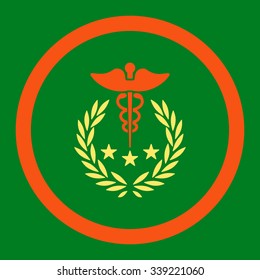 Caduceus Logo vector icon. Style is bicolor flat rounded symbol, orange and yellow colors, rounded angles, green background.
