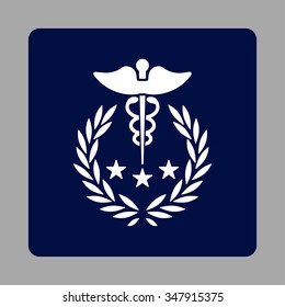 Caduceus Logo vector icon. Style is flat rounded square button, white and dark blue colors, silver background.