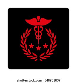 Caduceus Logo vector icon. Style is flat rounded square button, intensive red and black colors, white background.