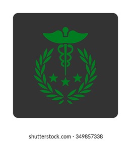 Caduceus Logo vector icon. Style is flat rounded square button, green and gray colors, white background.