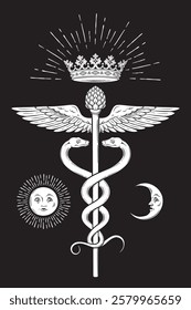 Caduceus magic staff carried by Hermes symbol of medicine with serpents consuming each other. Tattoo, poster or print design vector illustration