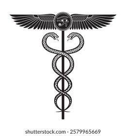 Caduceus magic staff carried by Hermes symbol of medicine with serpents consuming each other. Tattoo, poster or print design vector illustration