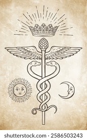 Caduceus magic staff carried by Hermes symbol of medicine with serpents consuming each other. Tattoo, poster or print design vector illustration