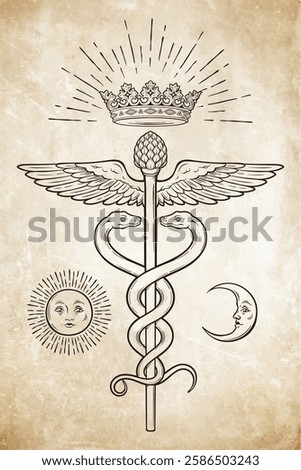 Caduceus magic staff carried by Hermes symbol of medicine with serpents consuming each other. Tattoo, poster or print design vector illustration