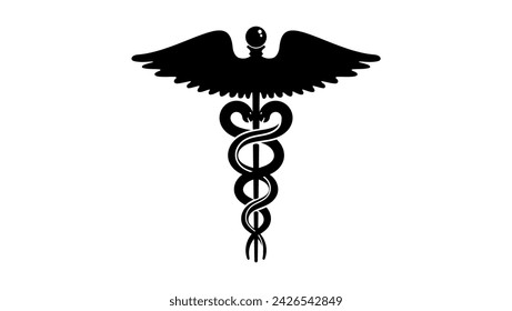 Caduceus medical emblem, black isolated silhouette