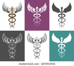 Caduceus medical and health symbol set, vector isolated illustration. Two snakes winding around winged staff instead of the rod of Asclepius. Symbol of Hermes, Greek mythology.