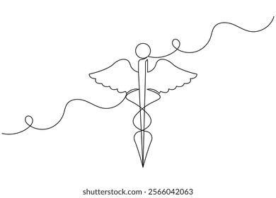 Caduceus with medical icon continuous one line drawing of isolated outline flat vector icon
