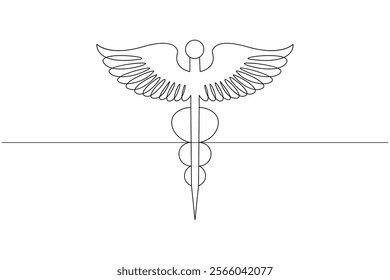 Caduceus with medical icon continuous one line drawing of isolated outline flat vector icon
