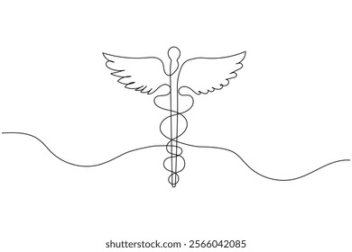 Caduceus with medical icon continuous one line drawing of isolated outline flat vector icon