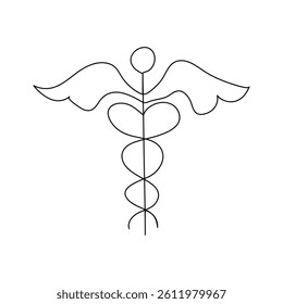 Caduceus with medical icon continuous one line drawing of isolated outline flat vector  caduceus single line