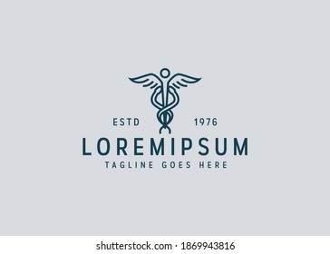 Caduceus medical icon design. Illustration of medicine snake and angel wings. Vintage logo design with line art icon style.