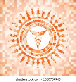 Caduceus medical icon inside abstract emblem, orange mosaic background