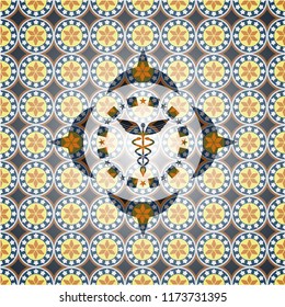 Caduceus medical icon inside arabesque emblem. arabic decoration.