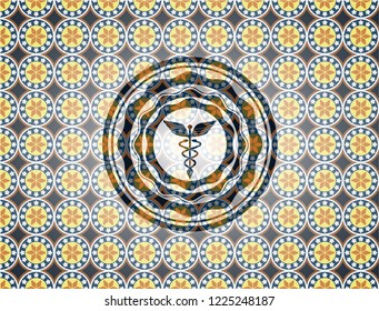 Caduceus medical icon inside arabesque emblem. arabic decoration.