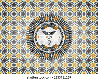 Caduceus medical icon inside arabesque style emblem. arabic decoration.