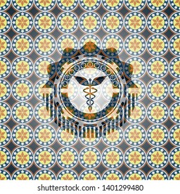 Caduceus medical icon inside arabesque emblem. arabic decoration.