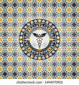 Caduceus medical icon inside arabesque style emblem. arabic decoration.